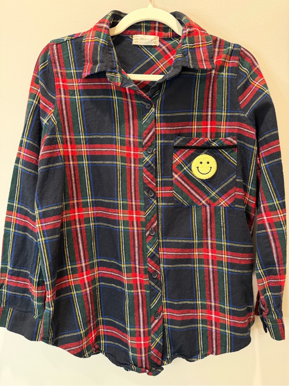 Kids Plaid Button-Up Shirt with Smiley Patch - Navy & Red